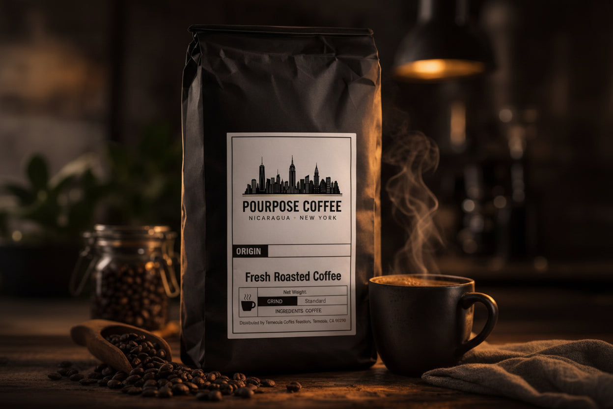 Coffee bag with 'Purpose Coffee' label next to a steaming cup of coffee on a wooden surface.